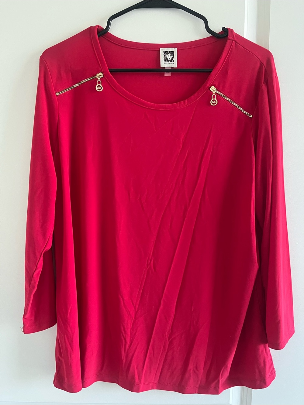 Anne Klein Red Long Sleeve Top with Gold Zipper Accents